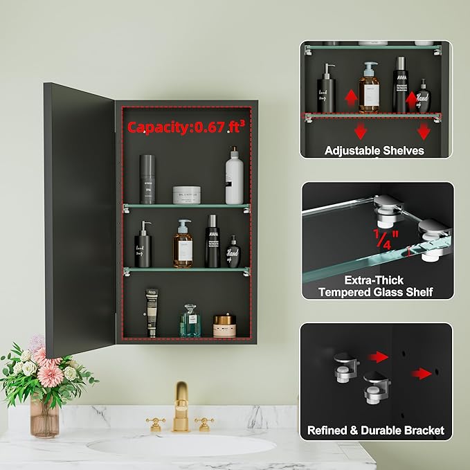 Buruis 14"x 24" Small Framed Medicine Cabinet with Mirror, Compact Recessed or Wall Mounted Bathroom Cabinet, Adjustable Tempered Glass Shelves, Left/Right Open Reversible, No Assembly Required, Black