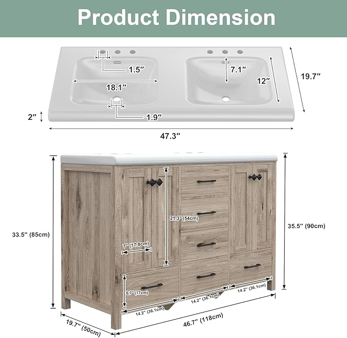 48 Inch Bathroom Vanity with Sink, Bathroom Vanity Cabinet with Double Sink, Bath Vanities with 4 Doors and 5 Drawers, Grey Oak (20" D x 48" W x 36" H)