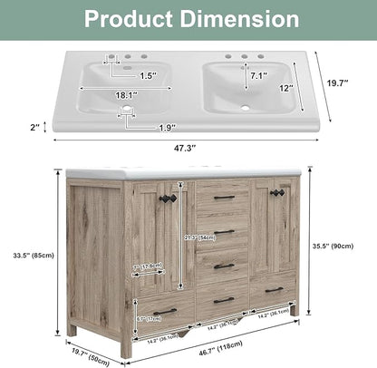47.3 Inch Bathroom Vanity with Doulble Sink, Bathroom Vanity Cabinet with 2 Sinks, Bath Vanities with 4 Doors and 5 Drawers, Grey Oak (19.7" D x 47.3" W x 35.5" H)