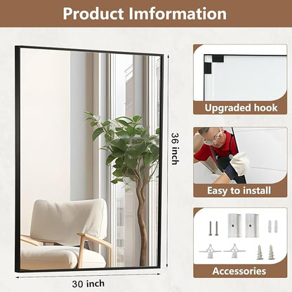 Black Bathroom Mirror, 30"x36" Rectangle Mirror, Matte Black Mirror, Metal Frame Square Corner Vanity Mirror, Wall Mounted Mirror for Modern, Living Room, Bedroom, Horizontal Or Vertical