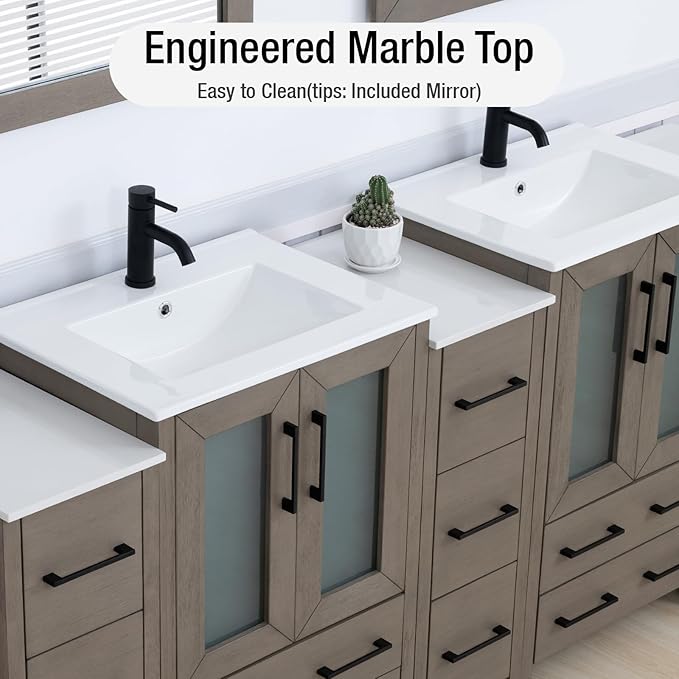 HOMEBEYOND 84 Inch Modern Bathroom Vanity with Sink & Mirror, Double Sink Vanity Cabinet with Basin and Mirror, Dove-Tailed Drawers, Soft-Closing Doors, Wood, Driftwood Gray