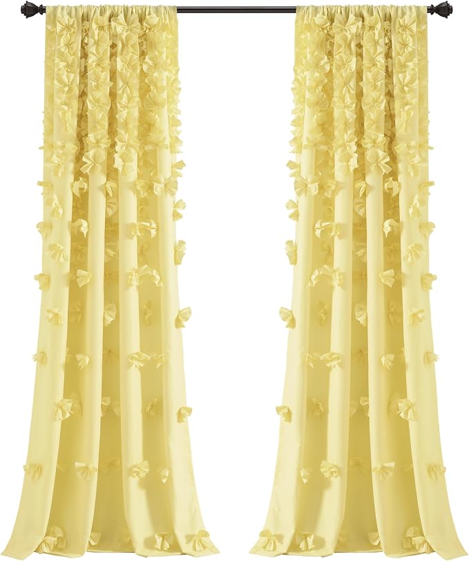 Lush Decor Riley Light Filtering Window Curtain Panel, Single 54" W x 84" L, Yellow - Cute Yellow Curtains for Bedroom - Bow Decor - Coquette Curtains for Windows