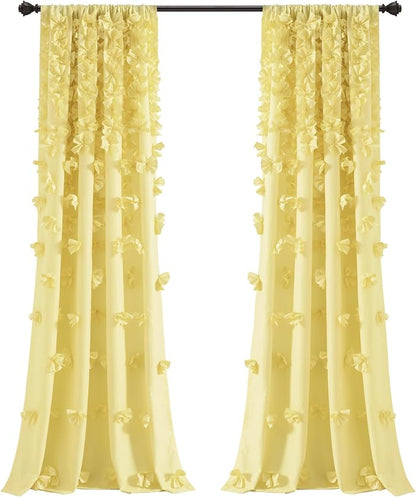 Lush Decor Riley Light Filtering Window Curtain Panel, Single 54" W x 84" L, Yellow - Cute Yellow Curtains for Bedroom - Bow Decor - Coquette Curtains for Windows