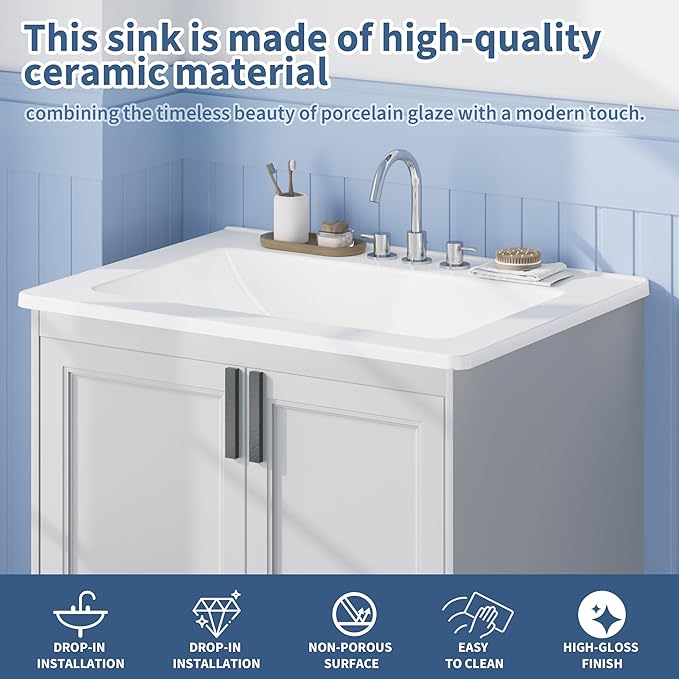 20X17 Inch White Ceramic Drop-in Bathroom Sink, Oval Vanity Top with & 3-Hole Faucet (1.25" Centers), CUPC Certified Contemporary Lavatory for Small Spaces