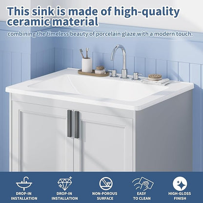 20X17 Inch White Ceramic Drop-in Bathroom Sink, Oval Vanity Top with & 3-Hole Faucet (1.25" Centers), CUPC Certified Contemporary Lavatory for Small Spaces