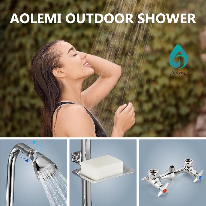 Aolemi Outdoor Shower Kit,2-Handle with Soap Dish,Polish Chrome | Solid Brass Showerhead and Valve,SUS304 Riser,6-Inch Centers,Soap Dish,Reversible Upward/Downward Exposed Shower Install