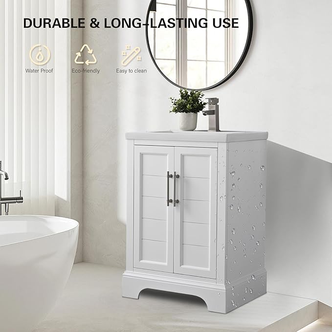 HOMEBEYOND 24 Inch Bathroom Vanity with Single Sink & Ceramic Top, Vanity Cabinet with Center Countertop Basin, Soft-Closing Doors, White