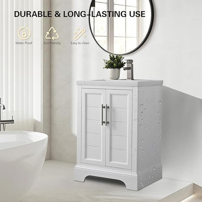 HOMEBEYOND 24 Inch Bathroom Vanity with Single Sink & Ceramic Top, Vanity Cabinet with Center Countertop Basin, Soft-Closing Doors, White