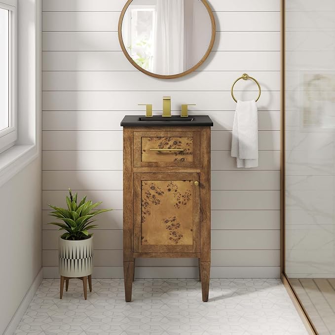 Modway Elysian 18" Burl Wood Bathroom Vanity in Black Brown with Ceramic Sink Basin