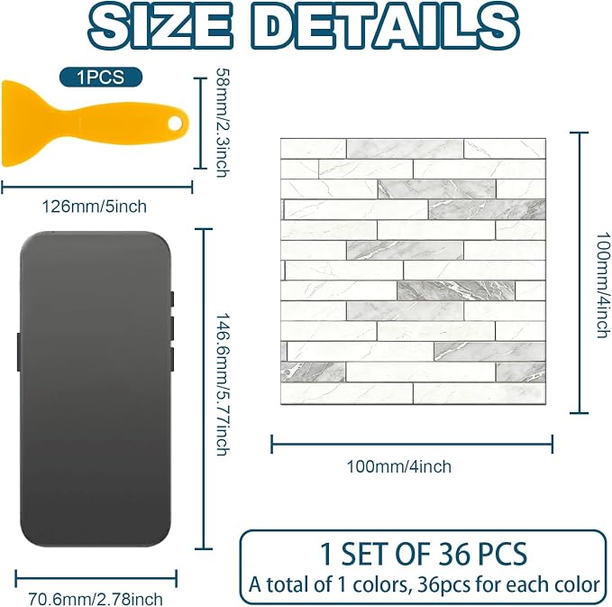 36 Pcs Tile Stickers White-Gray Texture Peel and Stick Long Strip Wall Tile Stickers Waterproof Self Adhesive Stick on Tiles Decals for Kitchen Bathroom Wall Art Decor, 4×4 Inch