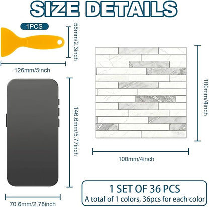 36 Pcs Tile Stickers White-Gray Texture Peel and Stick Long Strip Wall Tile Stickers Waterproof Self Adhesive Stick on Tiles Decals for Kitchen Bathroom Wall Art Decor, 4×4 Inch