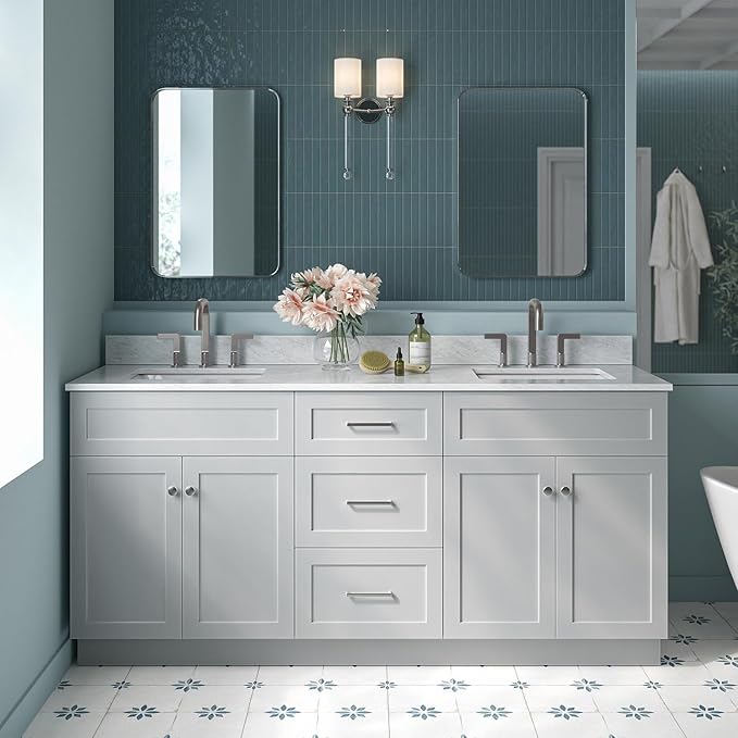 ARIEL Hamlet 72-inch Bathroom Vanity with Sink,Solid Wood, 0.75-inch Italian Carrara Marble Countertop & Backsplash, Double Oval Sink, 4 Soft Closing Doors, 3 Dovetail Drawers, Grey