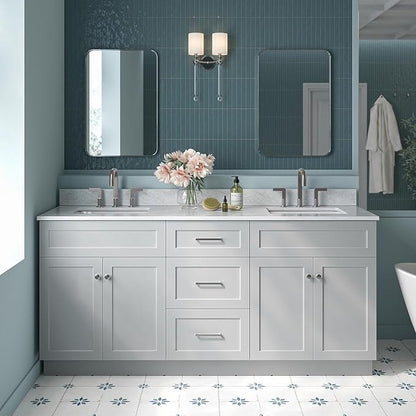 ARIEL Hamlet 72-inch Bathroom Vanity with Sink,Solid Wood, 0.75-inch Italian Carrara Marble Countertop & Backsplash, Double Oval Sink, 4 Soft Closing Doors, 3 Dovetail Drawers, Grey