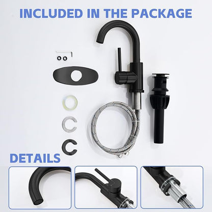 Matte Black Bathroom Faucets for Sink 1 Hole or 3 Holes, Single Hole Black Bathroom Sink Faucet with Pop-Up Drain Mini Size Vanity Faucet Bar Faucet Single Handle Lavatory Faucets