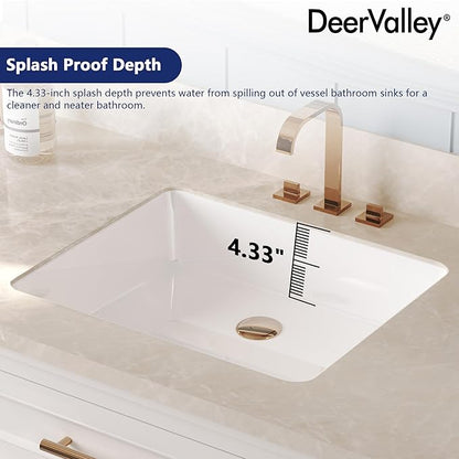 DeerValley 20x16 Inch Black Rectangular Undermount Bathroom Sink, Porcelain Ceramic Vessel Sink with Overflow, Modern Vanity Basin, DV-1U201