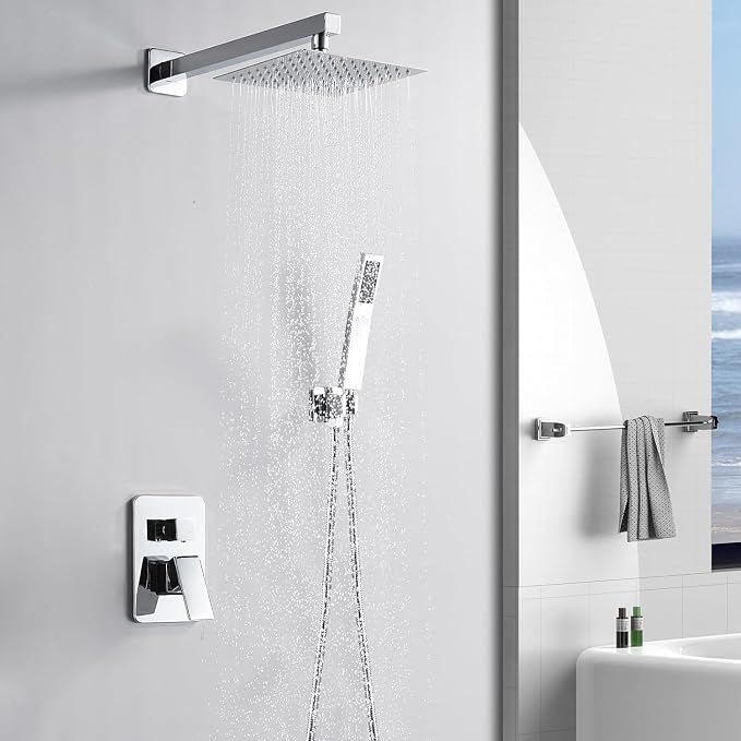 10 Inch Shower Faucet Set, Wall-Mounted Rainfall Shower System with High Pressure Handheld Shower Head, Bathroom Mixer Shower Set Wall Mounted Rough-in Valve and Trim Kit, Polished Chrome