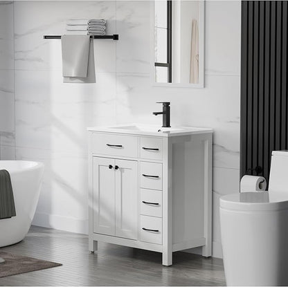 LUCKWIND 30" Modern Bathroom Vanity with Sink, Painted Storage Cabinet with Undermounted Sink, Two Doors and Three Drawers, Include Faucet Without Mirror, White