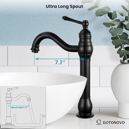 gotonovo Vessel Sink Faucet 360° Swivel Spout Single Handle Tall Bathroom Faucet 1 Hole Farmhouse Lavatory Washbasin Mixer Tap Matching Supply Hoses, with Pop Up Drain, Matte Black