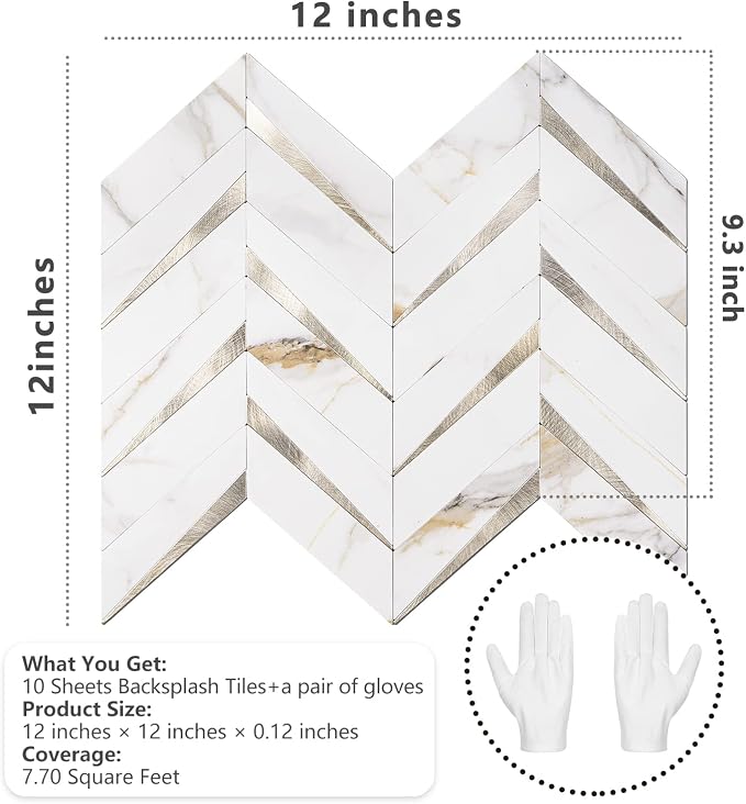 STICKGOO Herringbone Tile Peel and Stick Backsplash for Kitchen&Bathroom | 10-Sheet Self Adhesive Wall Tiles, Calacatta Marble Mixed Light Gold PVC Stick on Backsplash Tile for Kitchen,Bathroom