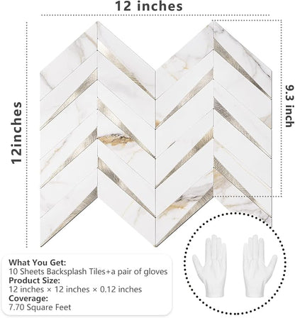 STICKGOO Herringbone Tile Peel and Stick Backsplash for Kitchen&Bathroom | 10-Sheet Self Adhesive Wall Tiles, Calacatta Marble Mixed Light Gold PVC Stick on Backsplash Tile for Kitchen,Bathroom