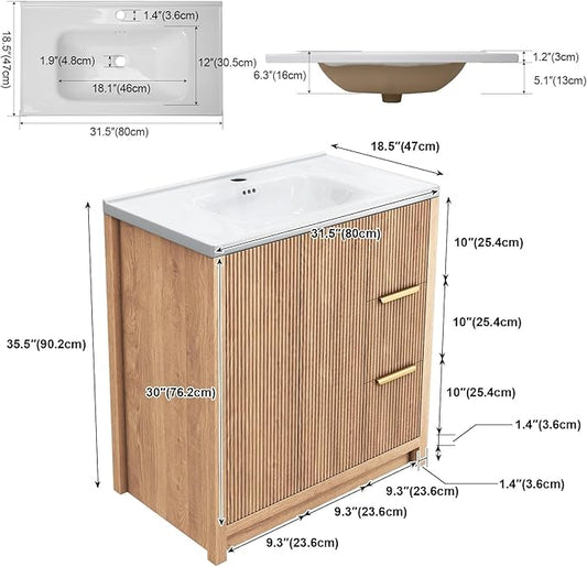 32" Modern Bathroom Vanity with Ceramic Sink, 2 Drawers & 2 Doors, Wooden Panel Design Storage Cabinet, Actual 31.5" L x 18.5" W x 35.5" H