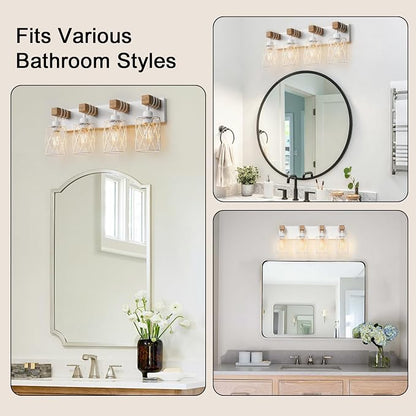IZORRO Farmhouse Bathroom Vanity Light, 4-Light Wood Bathroom Light Fixtures Over Mirror, Matte White Industrial Vanity Lights with Metal Shade, Rustic Restroom Lighting Fixtures