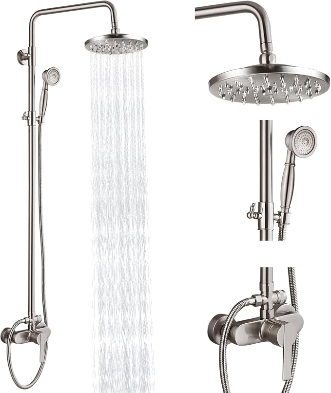 Heyalan Exposed Shower System, 8 Inch Rain Head, Handheld,Brushed Nickel | Exposed shower system with 8 inch rain head, handheld sprayer, single handle control, and complete wall-mounted setup.