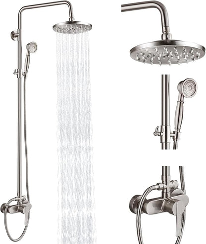 Heyalan Exposed Shower System, 8 Inch Rain Head, Handheld,Brushed Nickel | Exposed shower system with 8 inch rain head, handheld sprayer, single handle control, and complete wall-mounted setup.