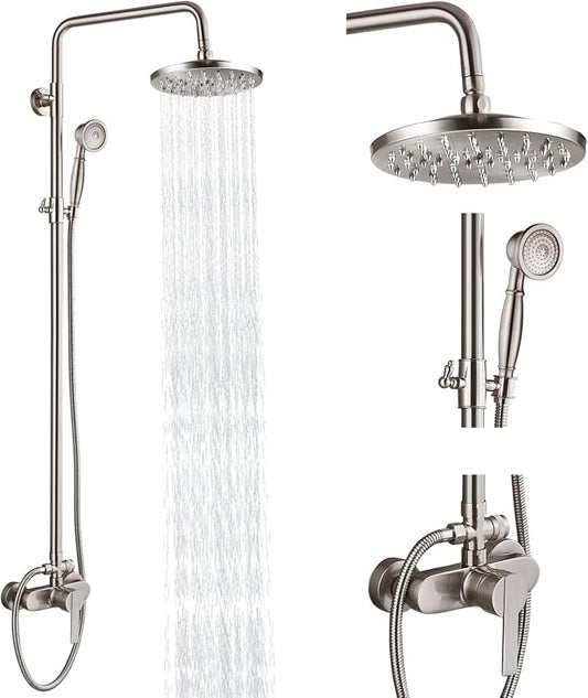 Heyalan Exposed Shower System, 8 Inch Rain Head, Handheld,Brushed Nickel | Exposed shower system with 8 inch rain head, handheld sprayer, single handle control, and complete wall-mounted setup.