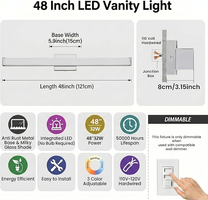 URSOLA 48" Modern LED Bathroom Light Fixtures, Chrome 3CCT Dimmable Bathroom Vanity Light Over Mirror, Bathroom Vanity Bath Bar Lights with Double Layer Acrylic Shade