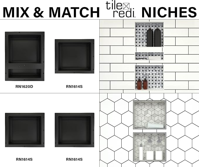 Tile Redi USA Niche Single Recessed Shower Shelf – Black, One Inner Shelf, 16-Inch Width x 14-Inch Height x 4-Inch Depth