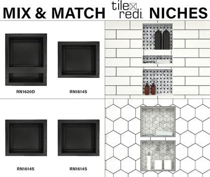 Tile Redi USA Niche Single Recessed Shower Shelf – Black, One Inner Shelf, 16-Inch Width x 14-Inch Height x 4-Inch Depth