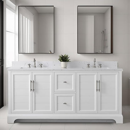 HOMEBEYOND 72 Inch Bathroom Vanity with Double Sink & Ceramic Top, Vanity Cabinet with Center Countertop Basin, Soft-Closing Doors, Backsplash, White