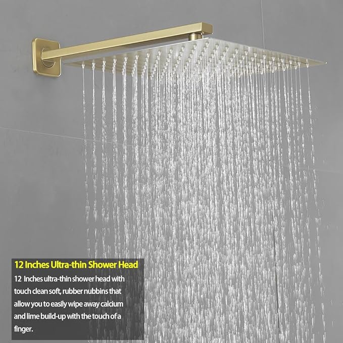 Brushed Gold Shower Faucet Set with Tub Spout Bathroom Rainfall 12 Inch Shower Head System with Handheld Single Handle Shower Trim Kit with Rough-in Valve
