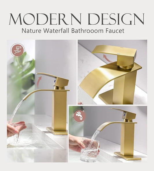Gold Bathroom Faucet, Modern Single Hole Waterfall Spout Sink Faucet, Brushed Gold With Drain Assembly and Hose