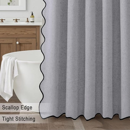 Scalloped Shower Curtain Linen Boho Flax Grey 72" W x 72" L | Linen Fabric, Black Border, Washable, Heavy Duty Cloth, Shower Curtain for Boho Farmhouse Bathroom Bathtub