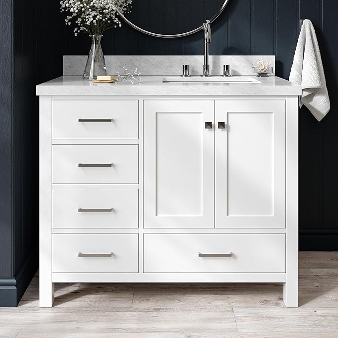 ARIEL Cambridge 42-inch Bathroom Vanity with Sink,Solid Wood, 1.5-inch Italian Carrara Marble Countertop, Single Rectangular Porcelain Sink, 2 Soft Closing Doors, 5 Dovetail Drawers, White