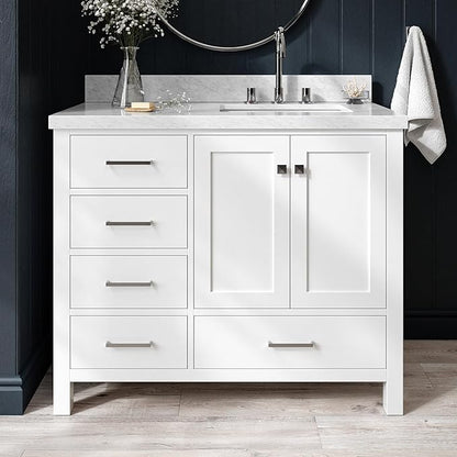 ARIEL Cambridge 42-inch Bathroom Vanity with Sink,Solid Wood, 1.5-inch Italian Carrara Marble Countertop, Single Rectangular Porcelain Sink, 2 Soft Closing Doors, 5 Dovetail Drawers, White
