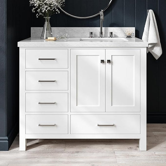 ARIEL Cambridge 42-inch Bathroom Vanity with Sink,Solid Wood, 1.5-inch Italian Carrara Marble Countertop, Single Rectangular Porcelain Sink, 2 Soft Closing Doors, 5 Dovetail Drawers, White