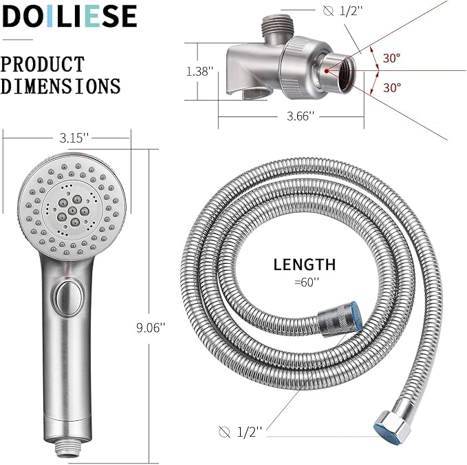Shower Head, High Pressure 6 Setting Shower Head Hand-Held with ON/OFF Switch and Spa Spray Mode - Shower Heads with Handheld Spray High Pressure - Brushed Nickel