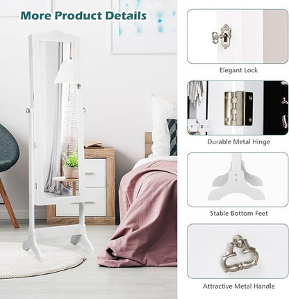 NAFORT Jewelry Armoire, Mirror with Jewelry Storage, 14 LED Lights Jewelry Organizer, Standing Lockable Jewelry Cabinet with Full Length Mirror, Jewelry Organizer with 2 Drawers, White