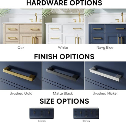 84-Inch Bathroom Vanity with Double Sinks W/ 4 Doors & 12 Drawers & 2 Flip Drawers, Navy Blue Vanity W/Brushed Gold Handles