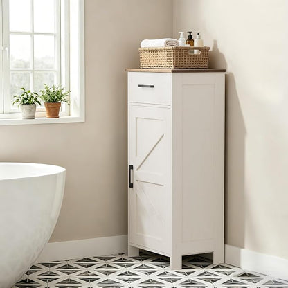 Homhedy Bathroom Storage Cabinet with Drawer & Adjustable Shelf | Freestanding Storage Cabinet for Bathroom, Entryway, Living Room & Kitchen, Rustic White and Brown, 15.7"W