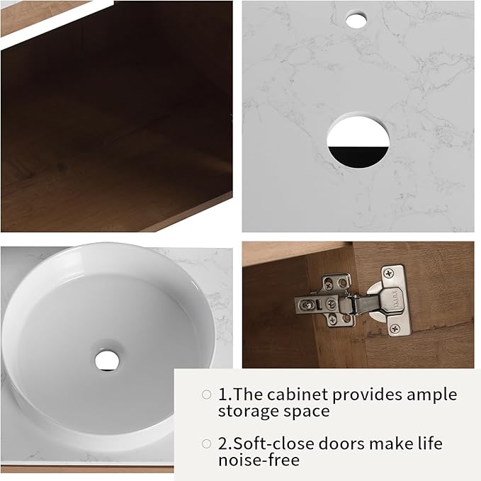 LKTART 24 Inch Floating Bathroom Vanity with Sink, Modern Wall Mounted Bathroom with Soft Close Door, White Round Ceramic Basin and Sintered Stone Top