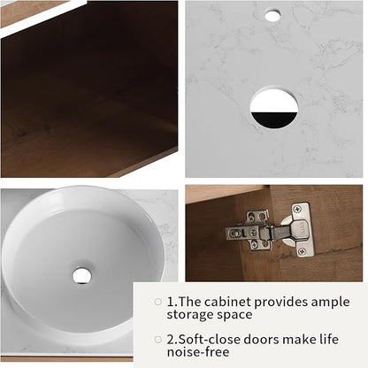 LKTART 24 Inch Floating Bathroom Vanity with Sink, Modern Wall Mounted Bathroom with Soft Close Door, White Round Ceramic Basin and Sintered Stone Top