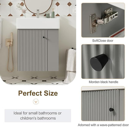 21.6 in Floating Bathroom Vanity with Sink,Soft Closing Doors,Solid Wood Frame & MDF Modern Single Small Bathroom Vanity Cabinet with Open Shelf,Wall Mounted (Grey,Right Shelves)