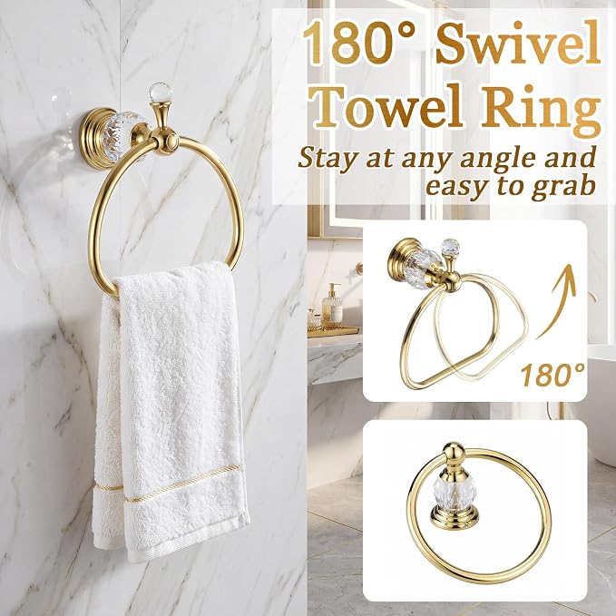 4 Pcs Polished Gold Crystal Bathroom Accessories Set with Adjustable Towel Bar & Semicircular Towel Ring & Toilet Paper Holder & Robe Hook, Luxury Vintage Bath Hardware Fixture Set (style 9)