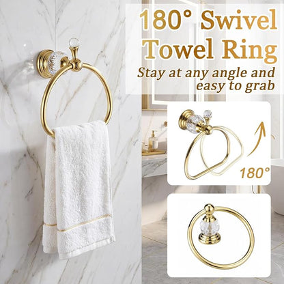 4 Pcs Polished Gold Crystal Bathroom Accessories Set with Adjustable Towel Bar & Semicircular Towel Ring & Toilet Paper Holder & Robe Hook, Luxury Vintage Bath Hardware Fixture Set (style 9)