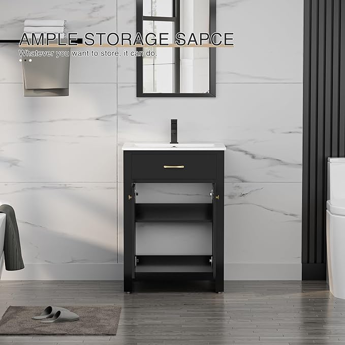 LUCKWIND 24" Bathroom Vanity with Sink Combo, Painted Modern Bathroom Storage Cabinet with Ceramic Sink, Two Doors, Include Faucet Without Mirror, Black