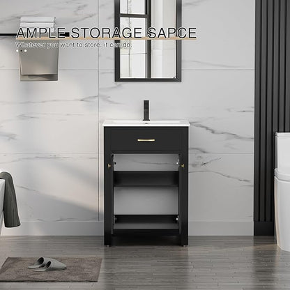 LUCKWIND 24" Bathroom Vanity with Sink Combo, Painted Modern Bathroom Storage Cabinet with Ceramic Sink, Two Doors, Include Faucet Without Mirror, Black
